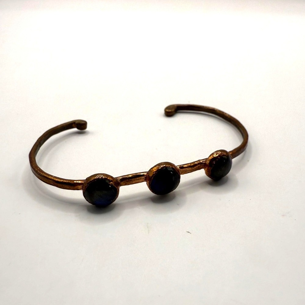 Copper Tone Three Stone Cuff Bracelet – Dark Blue Cabochon Open Bangle‎